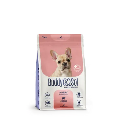 Buddy&Sol SUPERPREMIUM PUPPY ПОЛНОРАЦИОННЫЙ СУХОЙ КОРМ СУПЕРПРЕМИУМ-КЛАССА С ГОВЯДИНОЙ И ИНДЕЙКОЙ ДЛЯ ЩЕНКОВ, БЕРЕМЕННЫХ И КОРМЯЩИХ СОБАК ВСЕХ ПОРОД. 1кг.