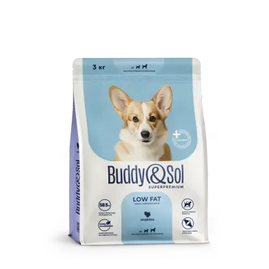 Buddy&Sol SUPERPREMIUM LOW FAT НИЗКОЕ СОДЕРЖАНИЕ ЖИРОВ ПОЛНОРАЦИОННЫЙ СУХОЙ КОРМ СУПЕРПРЕМИУМ-КЛАССА С ИНДЕЙКОЙ ДЛЯ ВЗРОСЛЫХ СОБАК СРЕДНИХ И КРУПНЫХ ПОРОД. 3кг.