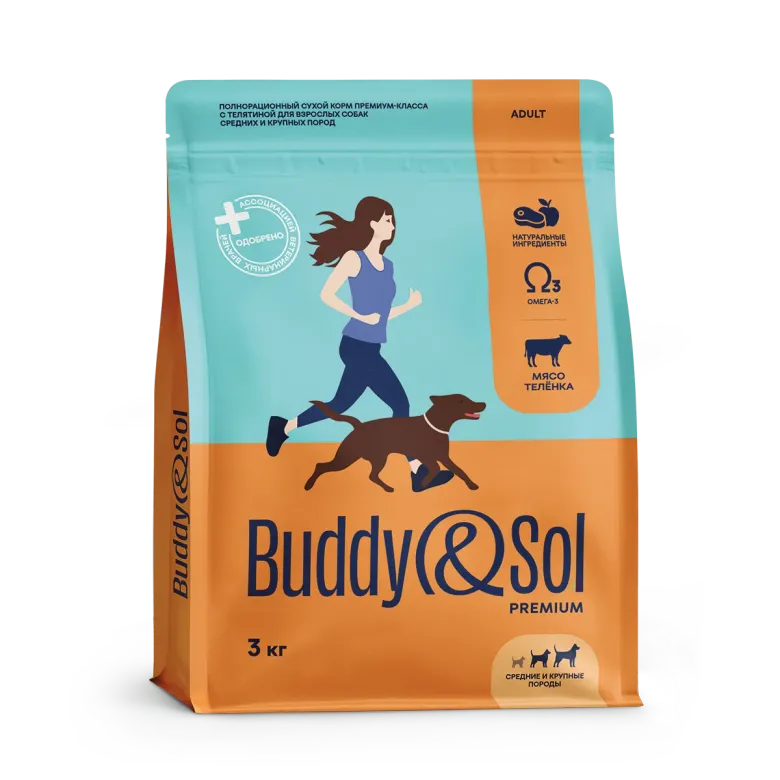 Buddy&Sol Premium Полнорационный сухой корм премиум-класса с телятиной для взрослых собак средних и крупных пород