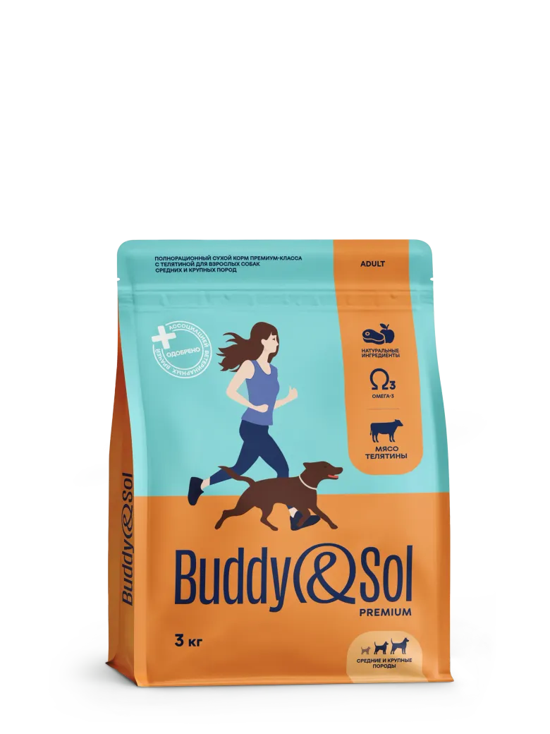 Buddy&Sol Premium Полнорационный сухой корм премиум-класса с телятиной для взрослых собак средних и крупных пород