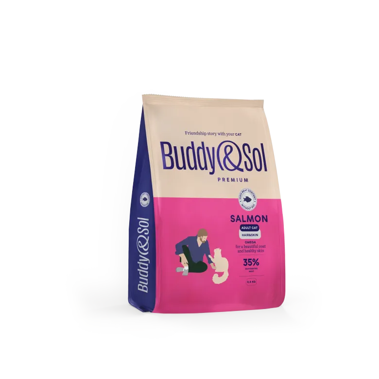 Buddy&Sol PREMIUM ADULT HAIR & SKIN Полнорационный сухой корм премиум-класса с лососем для взрослых кошек, здоровая кожа и красивая шерсть 0,4
