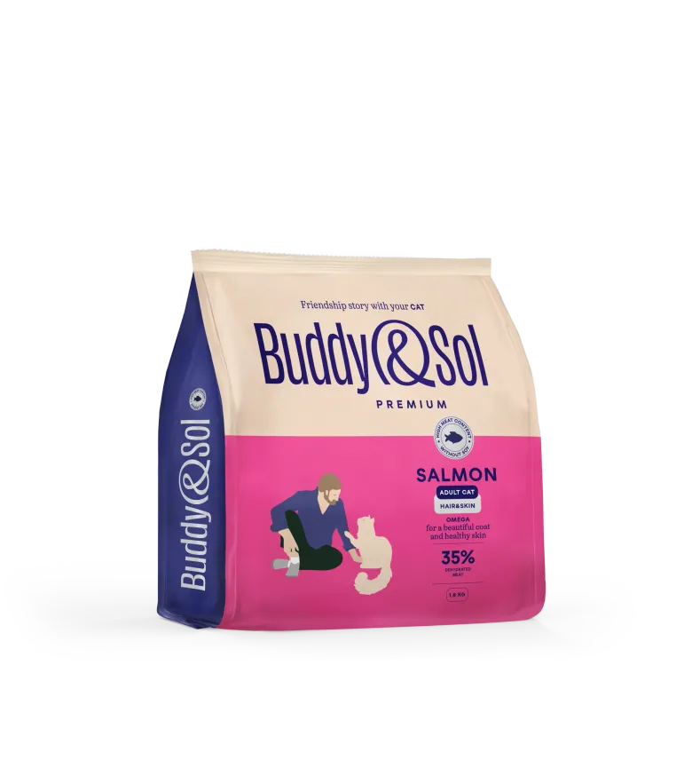 Buddy&Sol PREMIUM ADULT HAIR & SKIN Полнорационный сухой корм премиум-класса с лососем для взрослых кошек, здоровая кожа и красивая шерсть 1,8