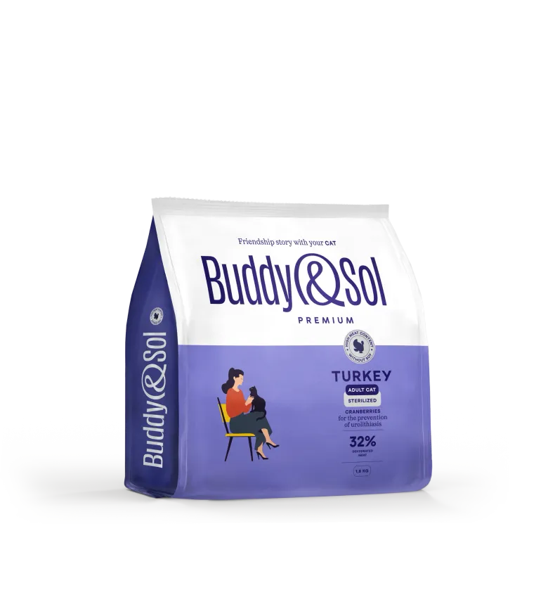 Buddy&Sol PREMIUM STERILIZED Полнорационный сухой корм премиум-класса с индейкой для стерилизованных кошек 1,8