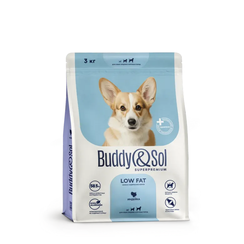 Buddy&Sol SUPERPREMIUM LOW FAT НИЗКОЕ СОДЕРЖАНИЕ ЖИРОВ ПОЛНОРАЦИОННЫЙ СУХОЙ КОРМ СУПЕРПРЕМИУМ-КЛАССА С ИНДЕЙКОЙ ДЛЯ ВЗРОСЛЫХ СОБАК СРЕДНИХ И КРУПНЫХ ПОРОД. 3кг.